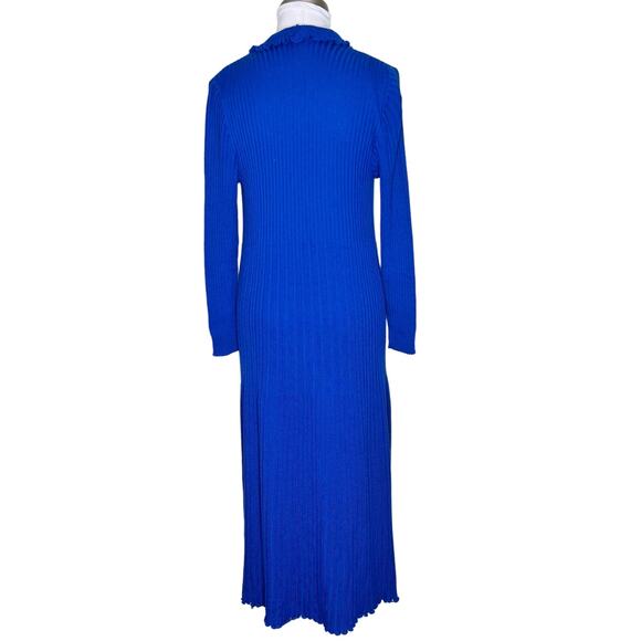 Maria Scotto Wool Blend Robe Sweater Dress MED Blue Midi Rib Knit Lettuce Trim - Picture 3 of 10